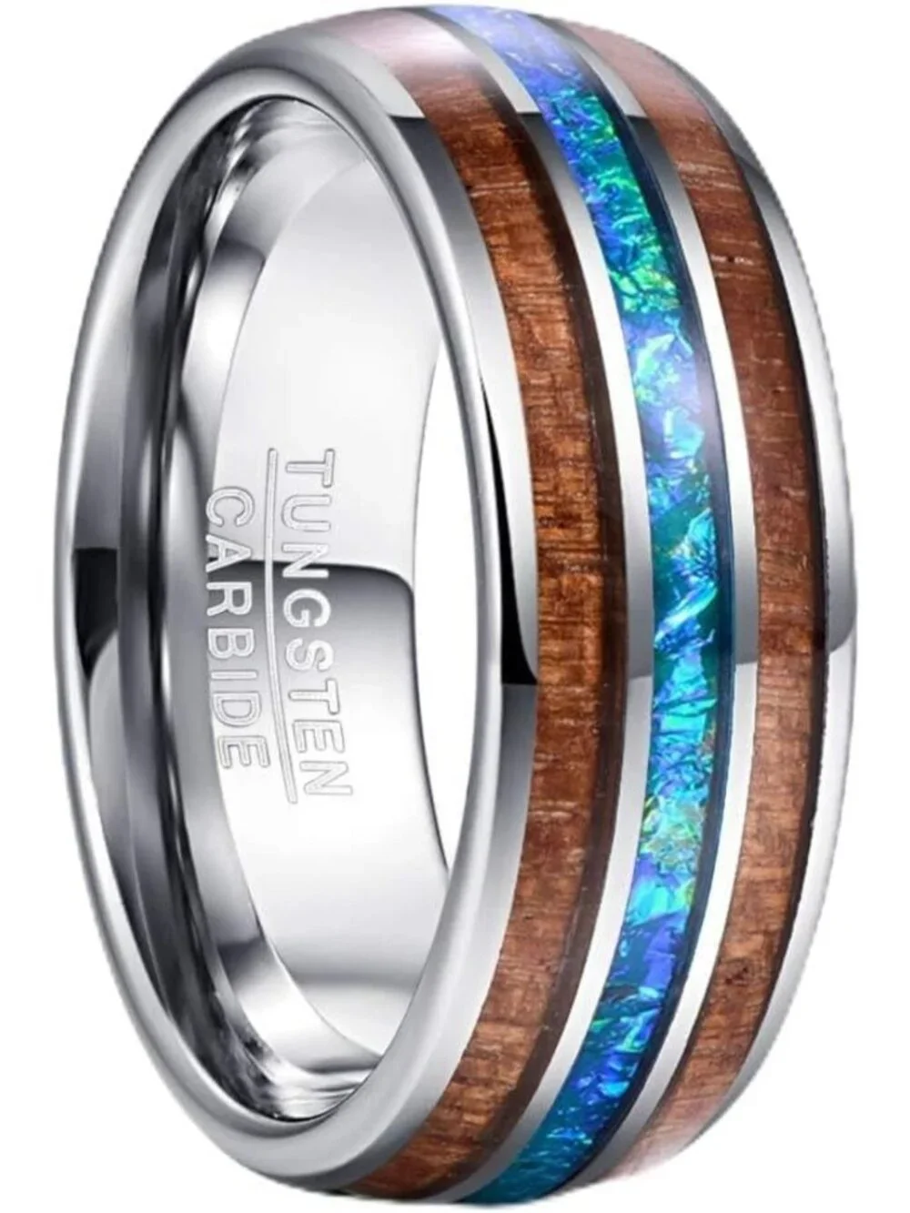 Men's Tungsten Wedding Band with Wood & Abalone Shell, Blue Inlay - Stylish